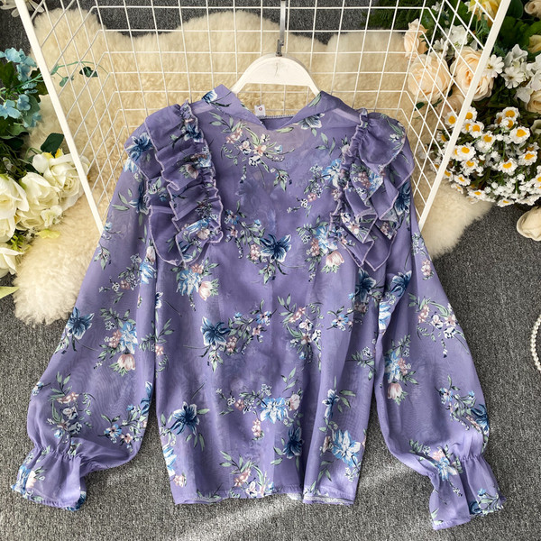 Virágmintás női ing kék szalaggal