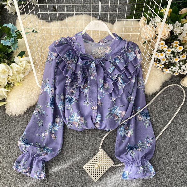 Virágmintás női ing kék szalaggal