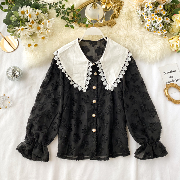 Cămașă casual de damă cu perle în alb și negru