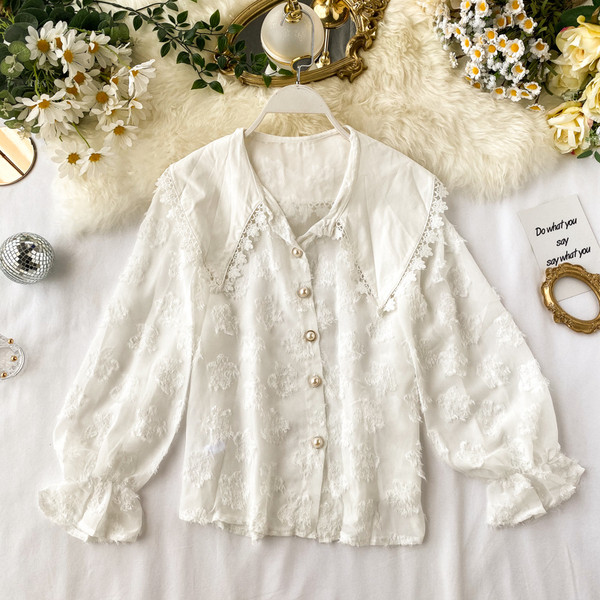 Cămașă casual de damă cu perle în alb și negru