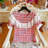 Γυναικεία καρό μπλούζα με δαντέλα σε κόκκινο και κίτρινο χρώμα