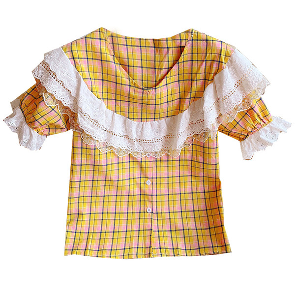 Γυναικεία καρό μπλούζα με δαντέλα σε κόκκινο και κίτρινο χρώμα