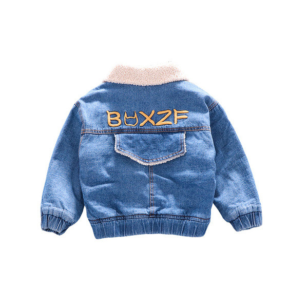 Geaca de blugi pentru copii model nou cu broderie si nasturi in albastru si negru