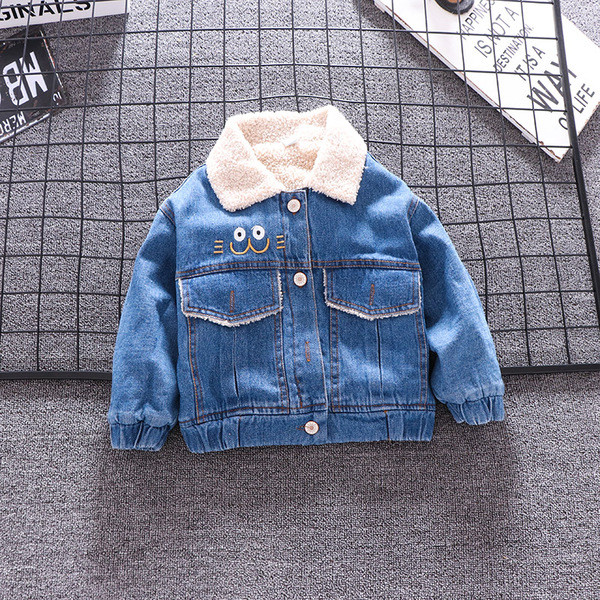 Geaca de blugi pentru copii model nou cu broderie si nasturi in albastru si negru