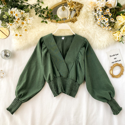 Bluză casual de damă cu decolteu spitz și mâneci lungi în mai multe culori