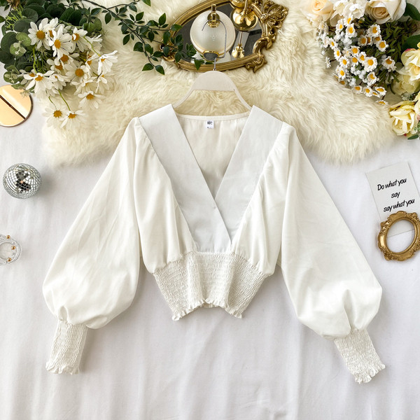 Bluză casual de damă cu decolteu spitz și mâneci lungi în mai multe culori