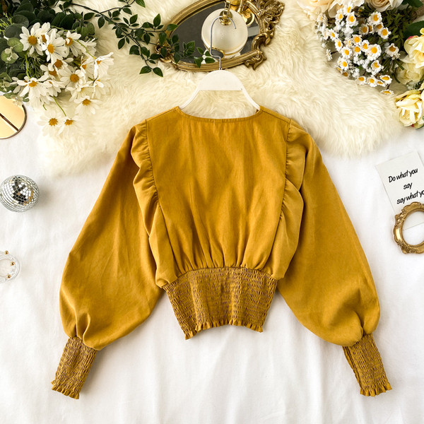 Bluză casual de damă cu decolteu spitz și mâneci lungi în mai multe culori