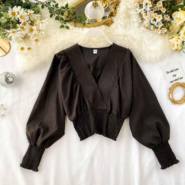 Bluză casual de damă cu decolteu spitz și mâneci lungi în mai multe culori