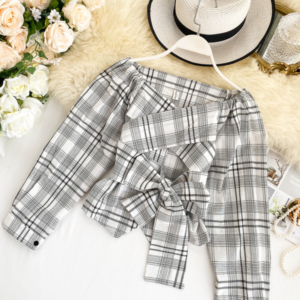 Cămașă casual de damă în carouri cu panglică și mâneci lungi și mai multe culori