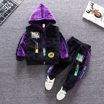 Set copii model nou pentru baieti din catifea in mov si verde - trei parti