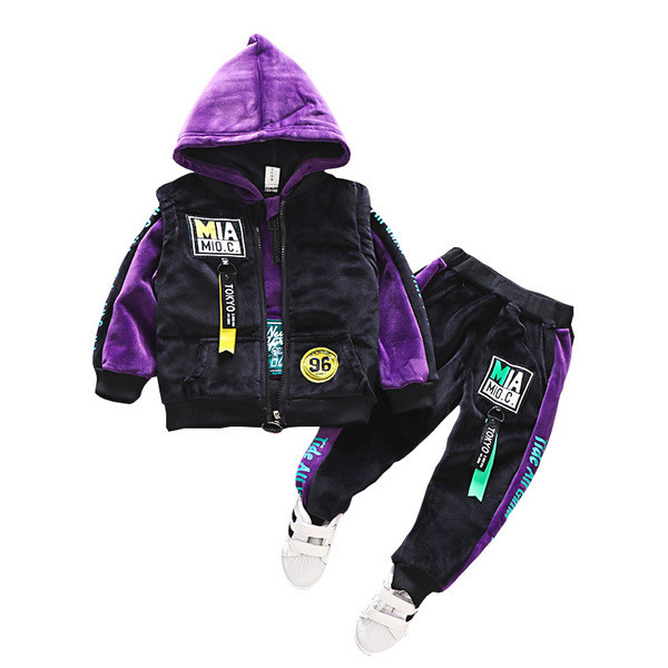 Set copii model nou pentru baieti din catifea in mov si verde - trei parti