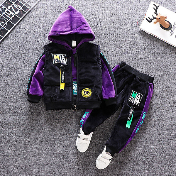 Set copii model nou pentru baieti din catifea in mov si verde - trei parti