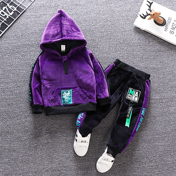 Set copii model nou pentru baieti din catifea in mov si verde - trei parti