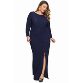 Nagy méretű, modern női hosszú ruha, hosszú ujjal és O-nyakú kék-fehér színben