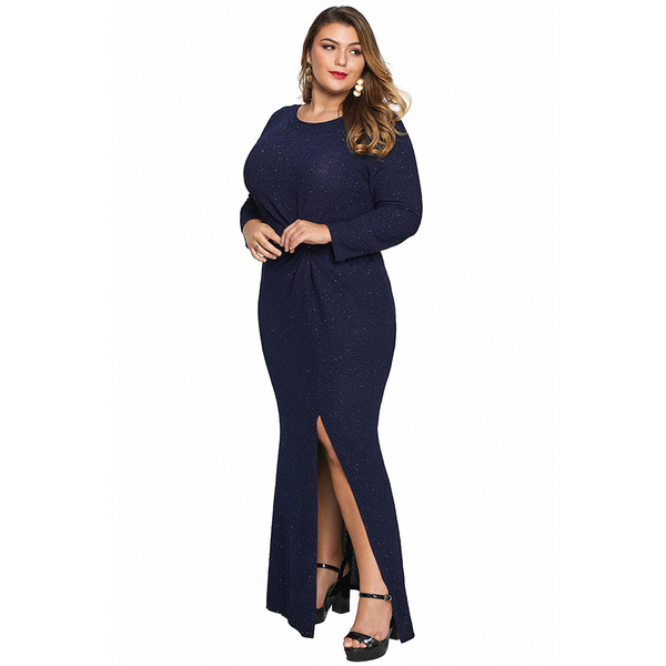 Nagy méretű, modern női hosszú ruha, hosszú ujjal és O-nyakú kék-fehér színben