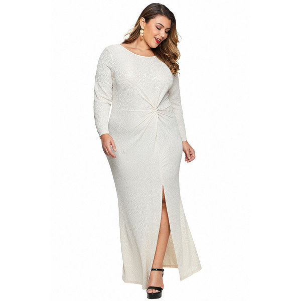 Nagy méretű, modern női hosszú ruha, hosszú ujjal és O-nyakú kék-fehér színben