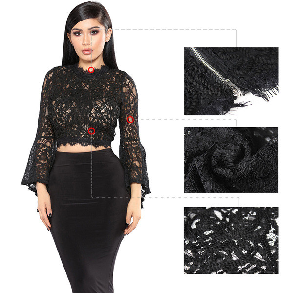 Bluză de damă elegantă cu dantelă și fermoar de culoare neagră