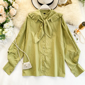 Cămașă casual de damă cu nasturi și cravate în verde și alb