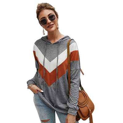 Καθημερινό γυναικείο φούτερ με κορδόνια και κουκούλα σε γκρι, μαύρο και μπλε χρώμα