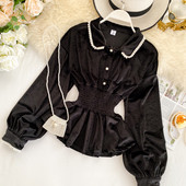 Camasa de dama eleganta din catifea cu elastic in talie in negru si roz