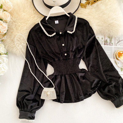 Camasa de dama eleganta din catifea cu elastic in talie in negru si roz