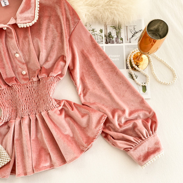 Camasa de dama eleganta din catifea cu elastic in talie in negru si roz