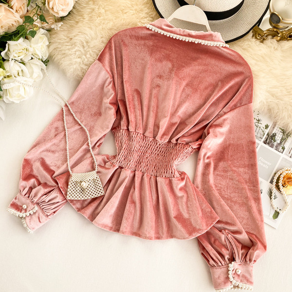 Camasa de dama eleganta din catifea cu elastic in talie in negru si roz