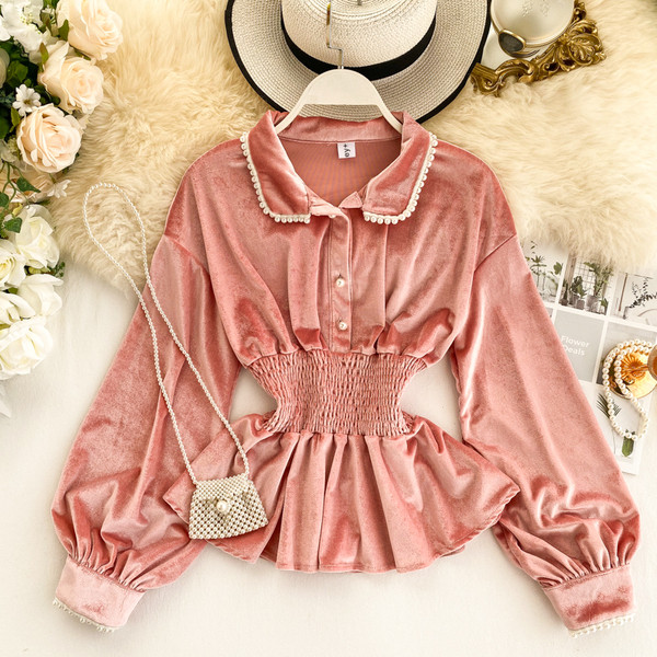 Camasa de dama eleganta din catifea cu elastic in talie in negru si roz