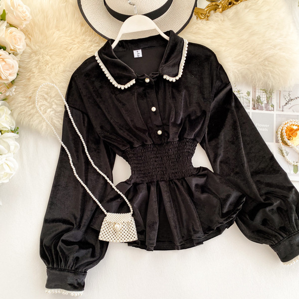 Camasa de dama eleganta din catifea cu elastic in talie in negru si roz