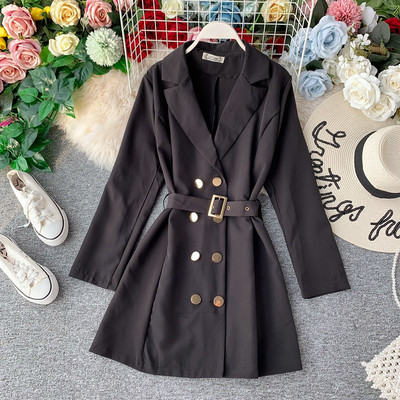 Μακρύ γυναικείο σακάκι  με κουμπιά και ζώνη σε διάφορα χρώματα