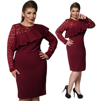Rochie elegantă de damă cu dantelă și mâneci lungi în patru culori până la 6XL