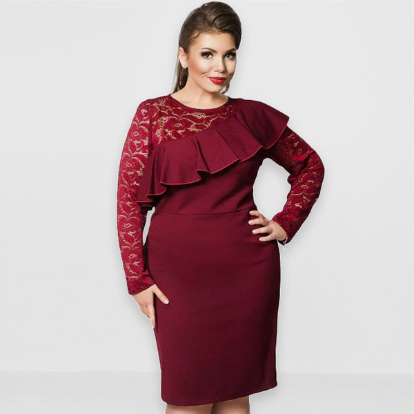 Rochie elegantă de damă cu dantelă și mâneci lungi în patru culori până la 6XL