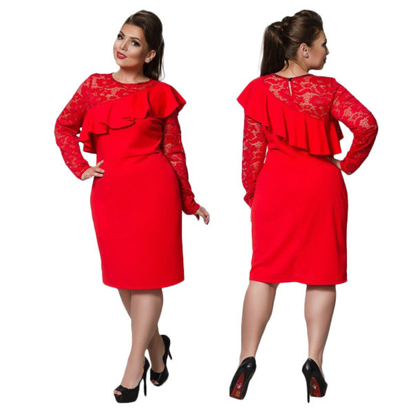 Rochie elegantă de damă cu dantelă și mâneci lungi în patru culori până la 6XL