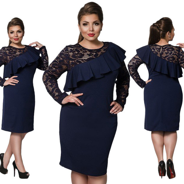 Rochie elegantă de damă cu dantelă și mâneci lungi în patru culori până la 6XL