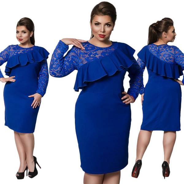Rochie elegantă de damă cu dantelă și mâneci lungi în patru culori până la 6XL