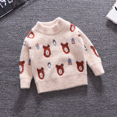 Pulover actual pentru copii pentru baieti cu guler polo inalt de culoare maro si bej