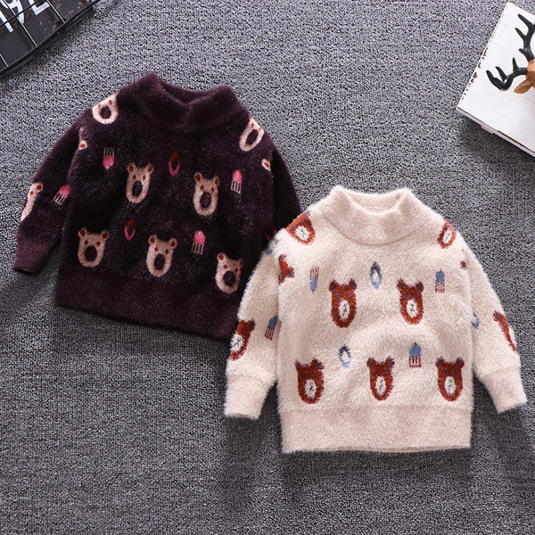 Pulover actual pentru copii pentru baieti cu guler polo inalt de culoare maro si bej