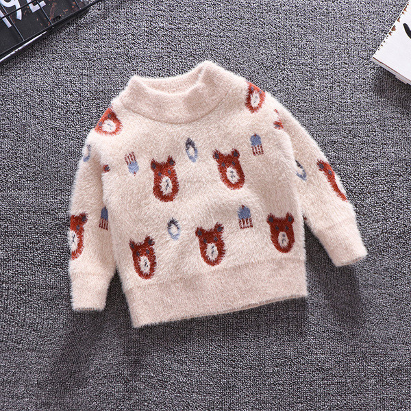 Pulover actual pentru copii pentru baieti cu guler polo inalt de culoare maro si bej