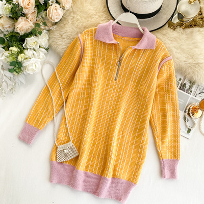 Pulover casual dama cu fermoar de culoare galbena