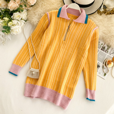 Pulover casual dama cu fermoar de culoare galbena