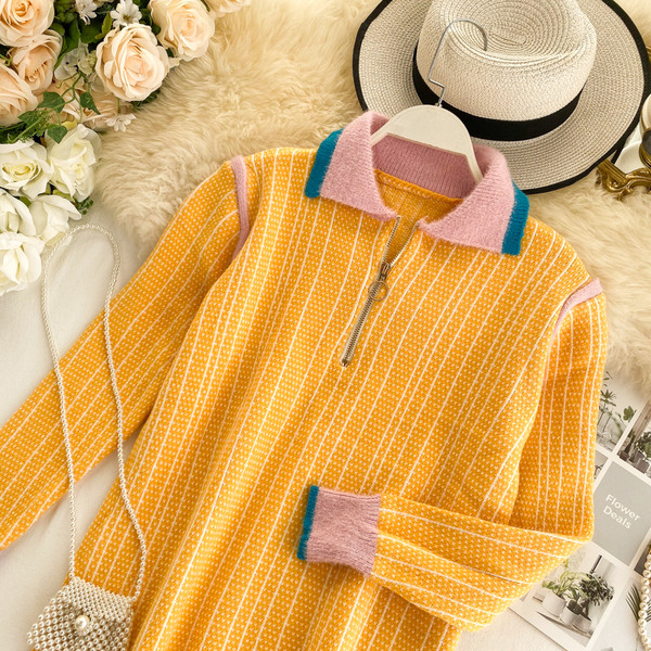 Pulover casual dama cu fermoar de culoare galbena