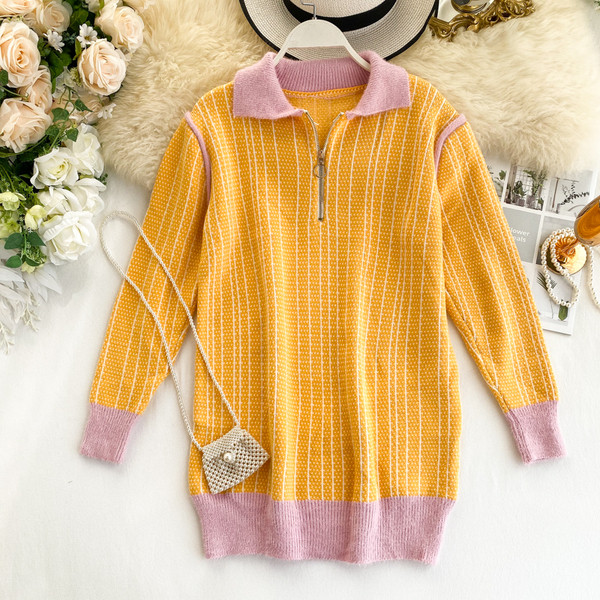 Pulover casual dama cu fermoar de culoare galbena