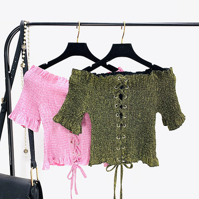 Bluza dama cu cravate - model scurt in bej si verde