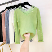 Pulover de dama modern cu dantela si decolteu spitz in mai multe culori