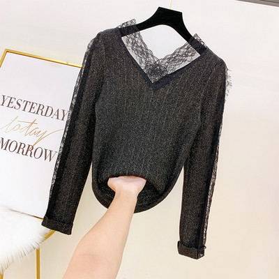 Pulover de dama modern cu dantela si decolteu spitz in mai multe culori