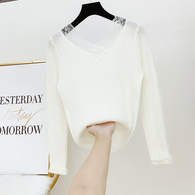 Pulover de dama modern cu dantela si decolteu spitz in mai multe culori