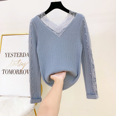 Pulover de dama modern cu dantela si decolteu spitz in mai multe culori