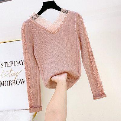 Pulover de dama modern cu dantela si decolteu spitz in mai multe culori