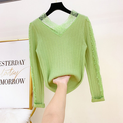 Pulover de dama modern cu dantela si decolteu spitz in mai multe culori