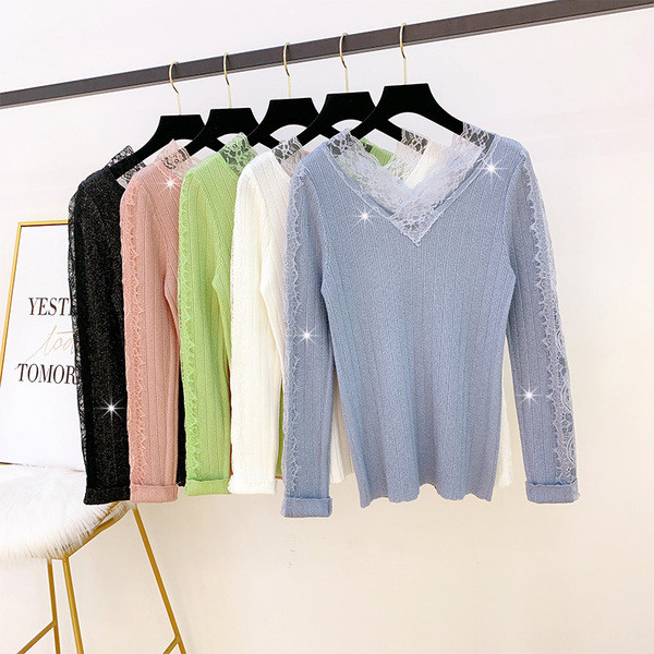 Pulover de dama modern cu dantela si decolteu spitz in mai multe culori